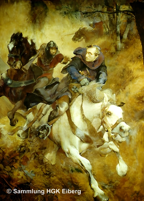 Eine künstlerische Darstellung der Mordtat: Erzbischof Engelbert I. von Köln versucht, seinen Angreifern im Hohlweg am Gevelsberg zu entkommen. Wandgemälde von Claus Meyer im Rittersaal von Schloss Burg, 1900. Eine künstlerische Darstellung der Mordtat: Erzbischof Engelbert I. von Köln versucht, seinen Angreifern im Hohlweg am Gevelsberg zu entkommen. Wandgemälde von Claus Meyer im Rittersaal von Schloss Burg, 1900.