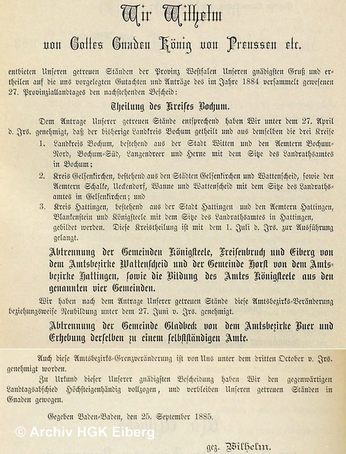 Königlicher Bescheid vom 25-09-1885 zur Bildung des Amtes Königssteele