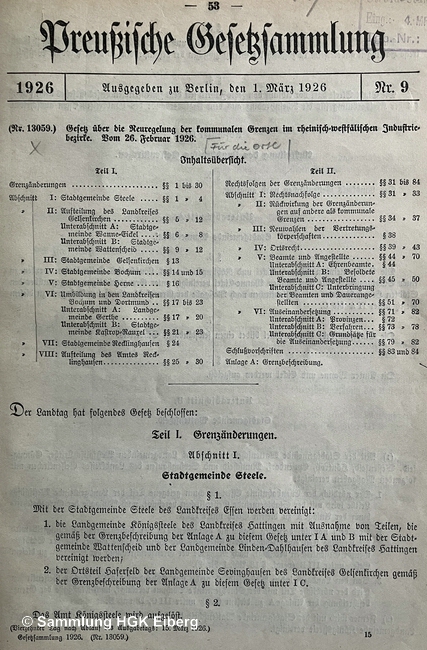 Gesetzt zur Neuordnung des rheinisch-westf&auml;lischen Industriebezirkes 1926